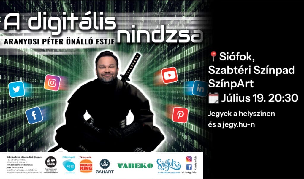 Aranyosi Péter önálló estje Siófokon, digitális témákkal és humorral.